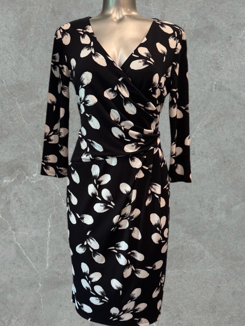 Evan Picone Black & White Floral Wrap-Style Midi Dress